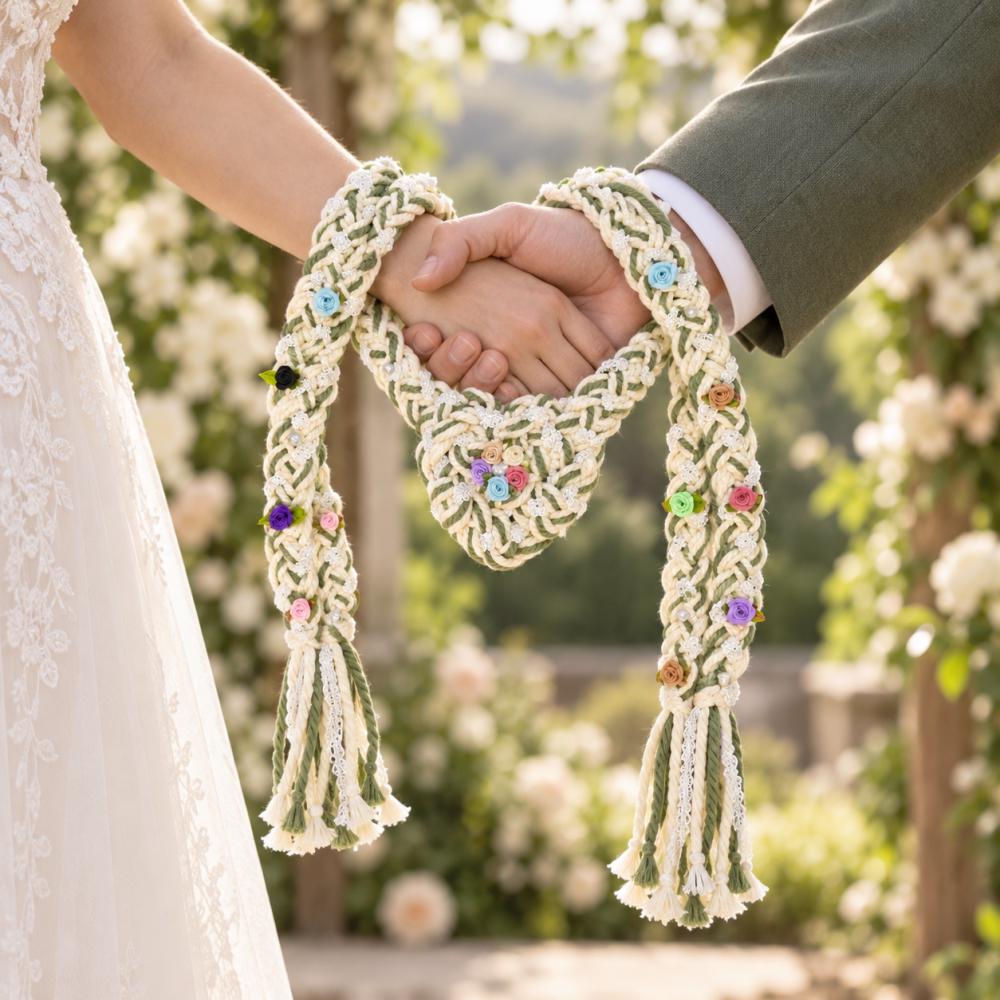 Burgundy & Ivory Floral Heart Knot Handfasting Cord — product image 3