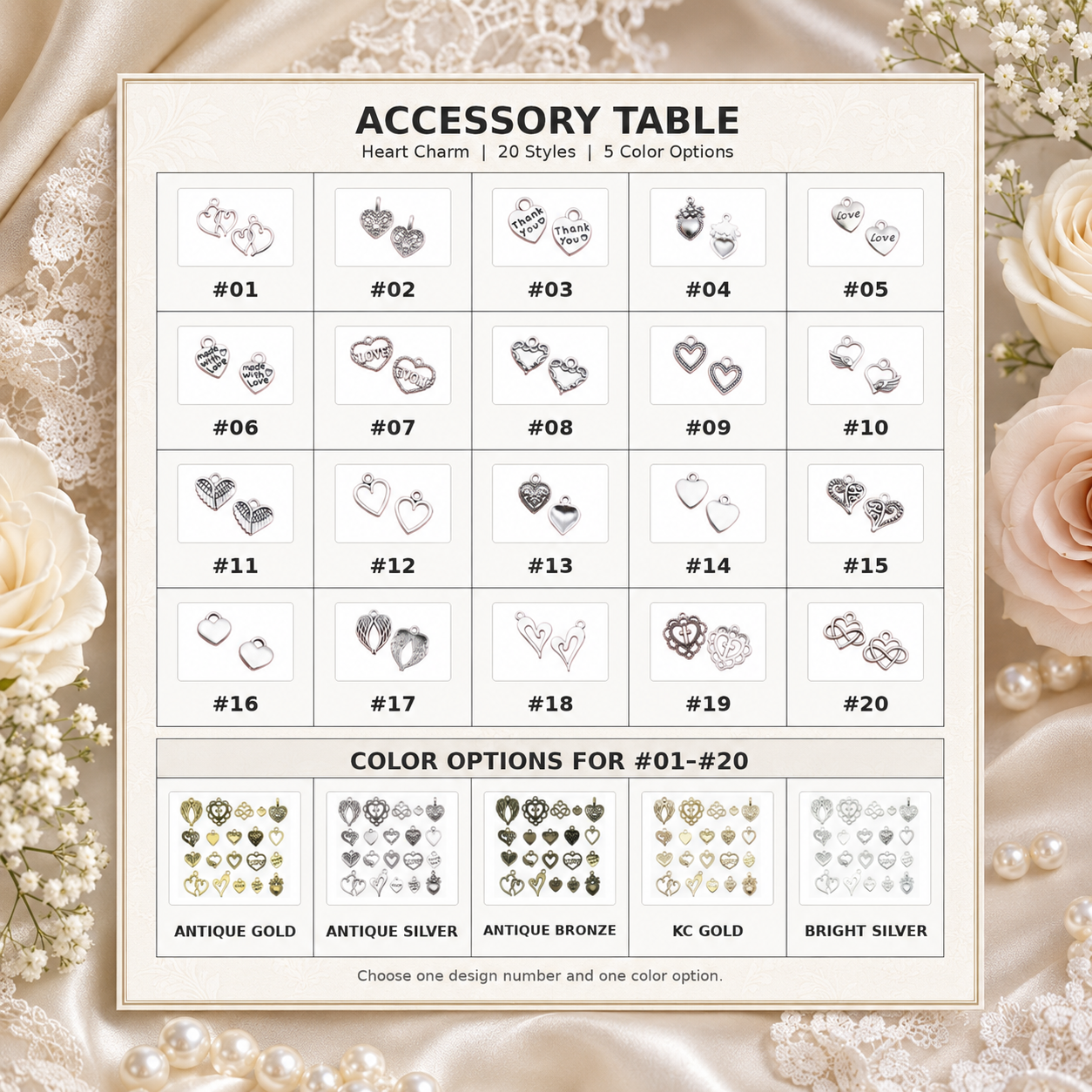 BOYOGO option chart - heart charm styles 01-20 and metal colors