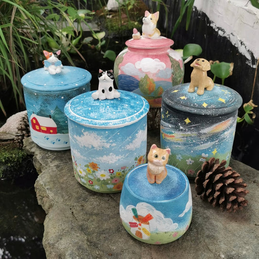 Handmade Pet Urn for Ashes – Ceramic Keepsake Urns with 3D Pet Figurine Lid - personalized pet gift main product image