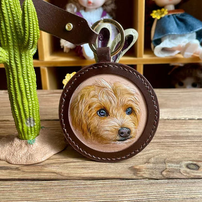 Handmade Leather Pet Portrait Keychain – close-up product detail