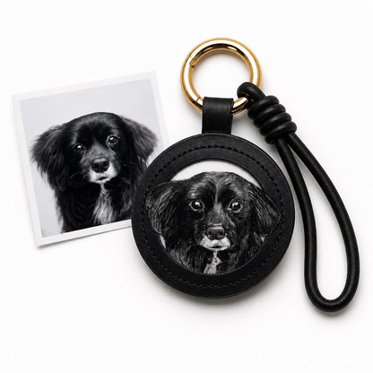 Custom Leather Pet Portrait Keychain – personalization and design detail