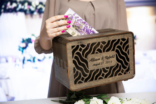 Custom engraved wooden wedding card box with names and date