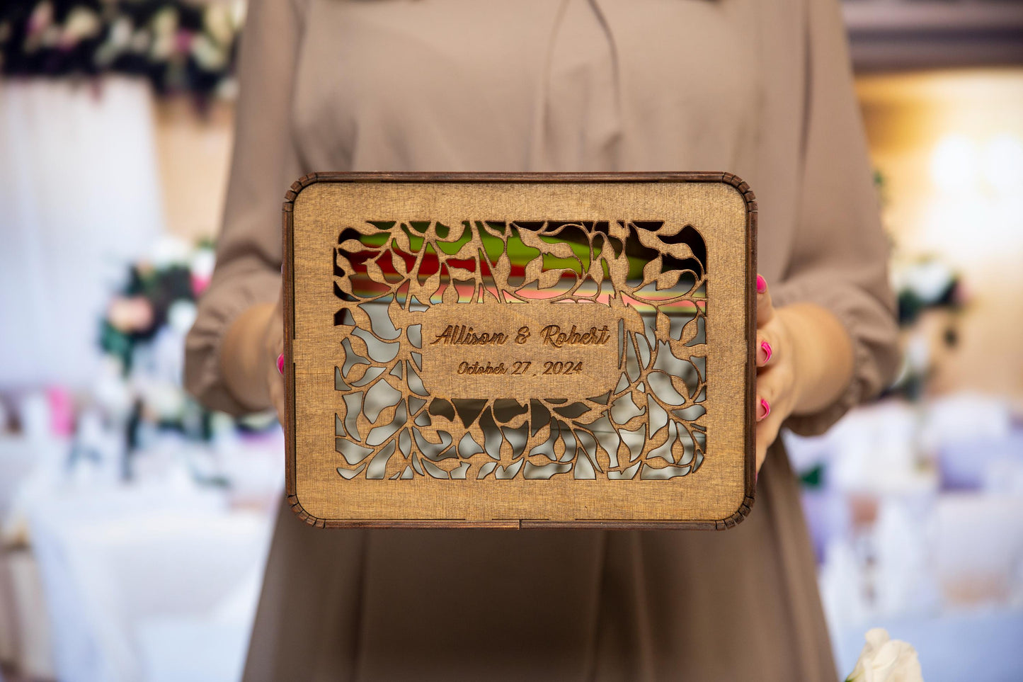 Personalized wedding card box plexiglass monogram detail