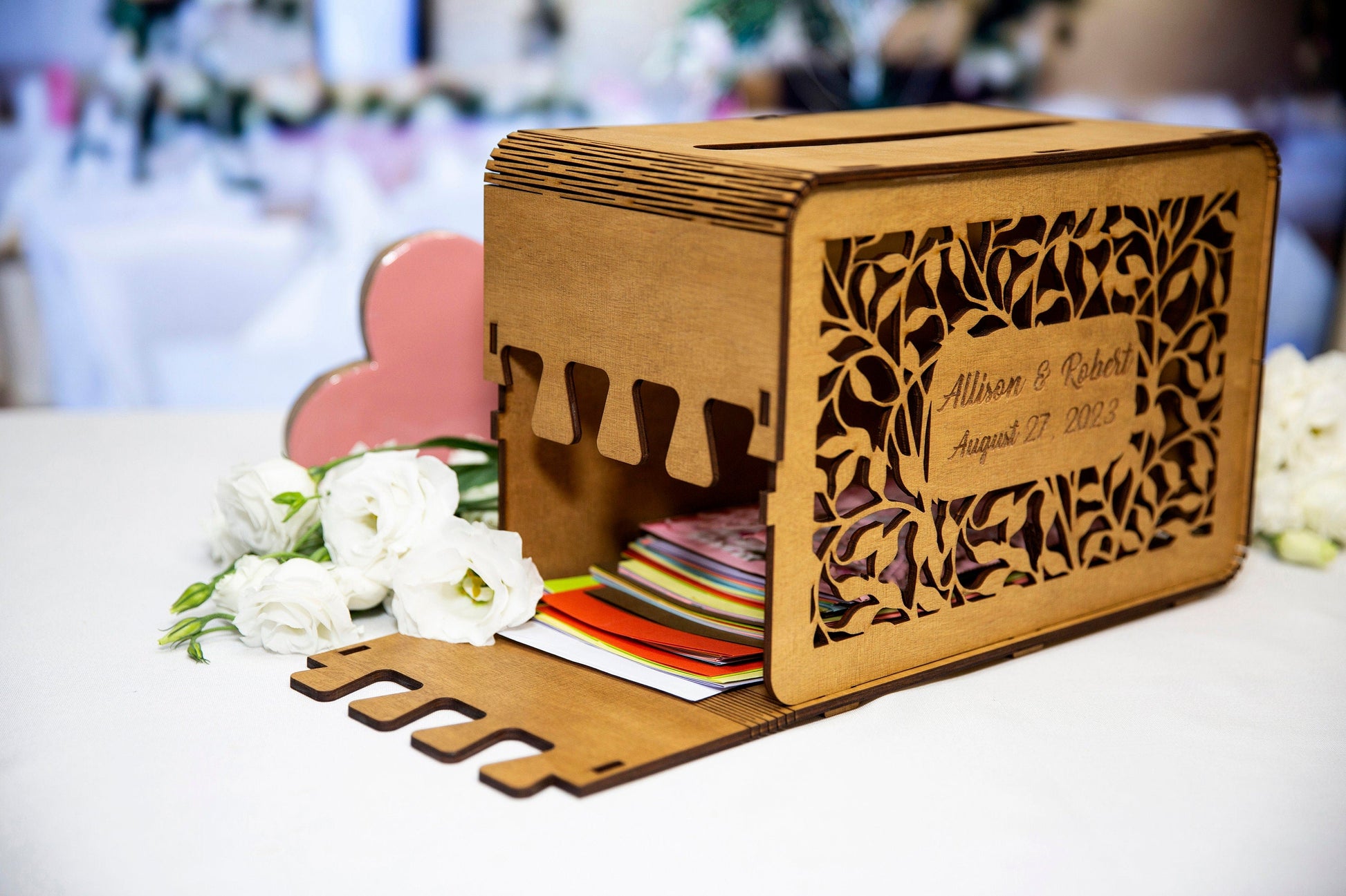 Laser cut leaf personalized wooden wedding card box
