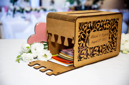 Laser cut leaf personalized wooden wedding card box