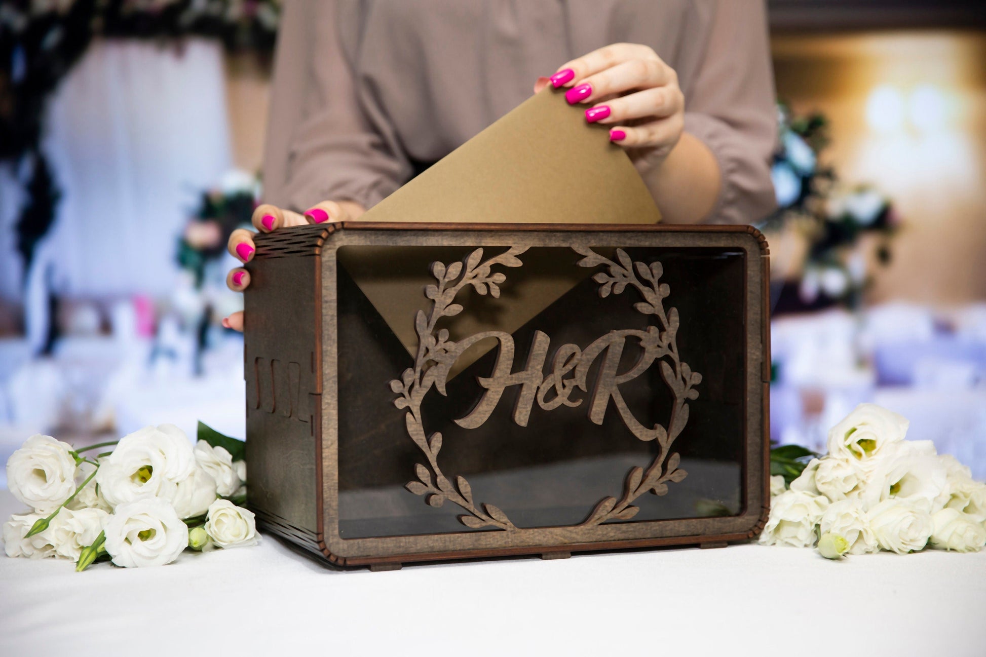 Transparent plexiglass wedding card box front detail