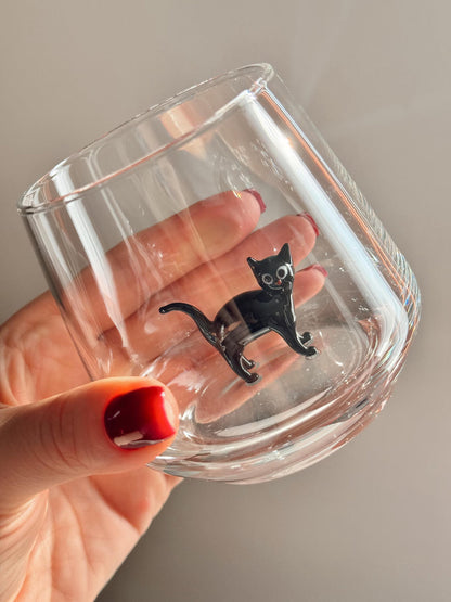Handmade cat figurine wine glass viewed from a second angle