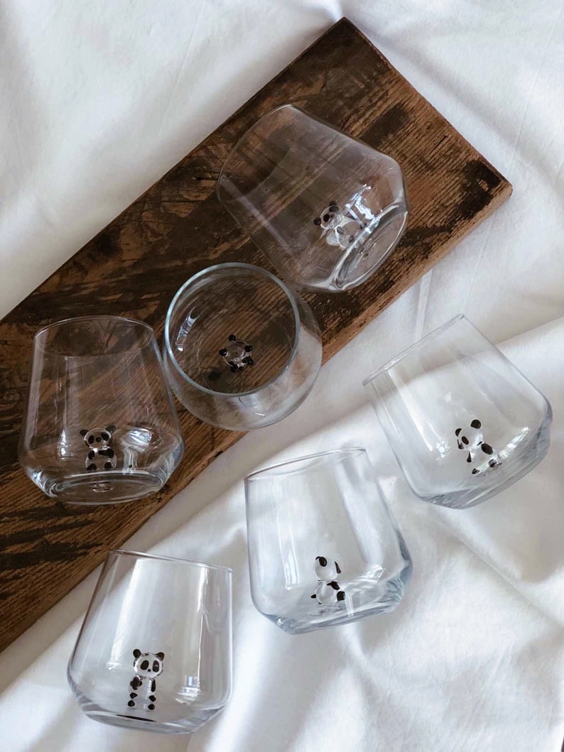 Set of six clear panda animal drinking glasses