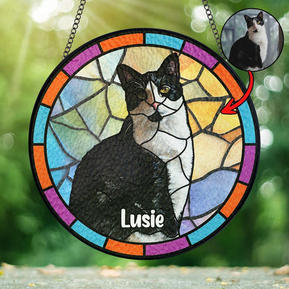 Custom Tuxedo Cat Portrait Stained Glass Suncatcher personalized portrait window decor