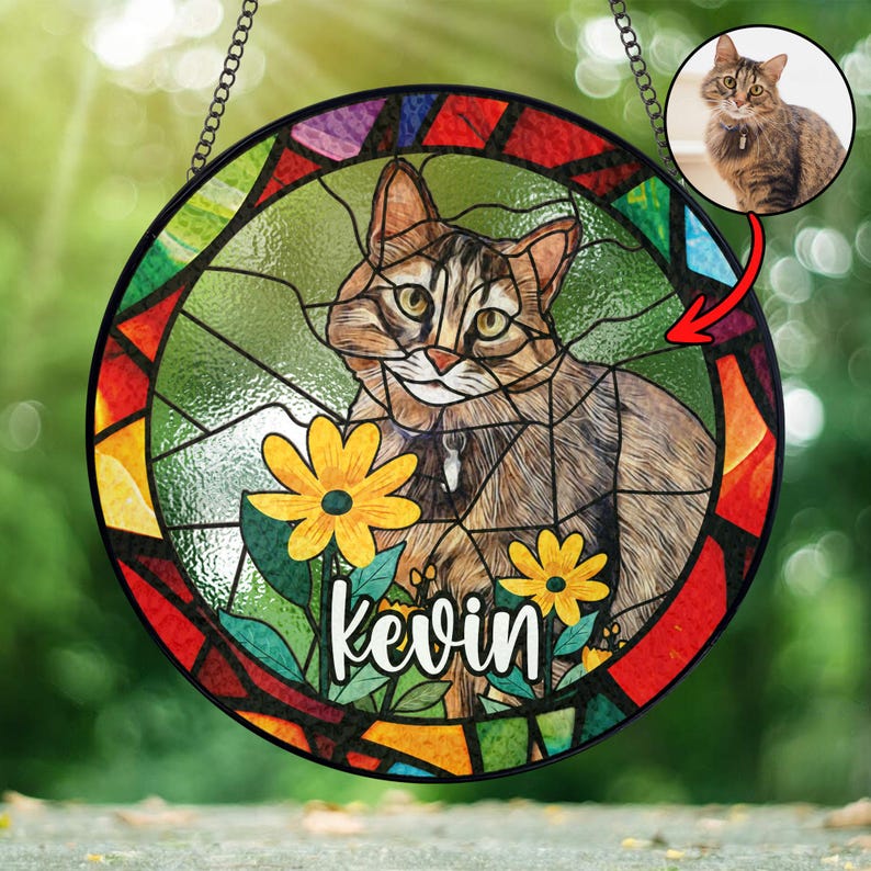 Custom Cat Portrait Stained Glass Memorial Suncatcher personalized portrait window decor