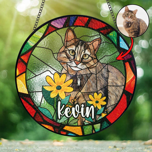 Custom Cat Portrait Stained Glass Memorial Suncatcher personalized portrait window decor