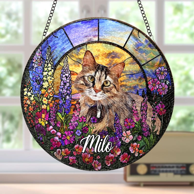 Personalized Cat Memorial Stained Glass Suncatcher personalized portrait window decor