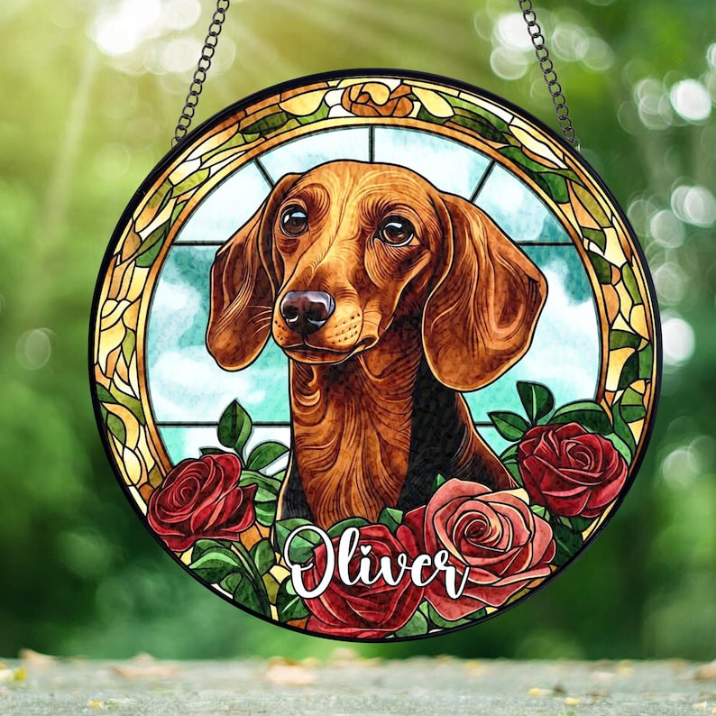 Custom Dachshund Portrait Stained Glass Suncatcher personalized portrait window decor
