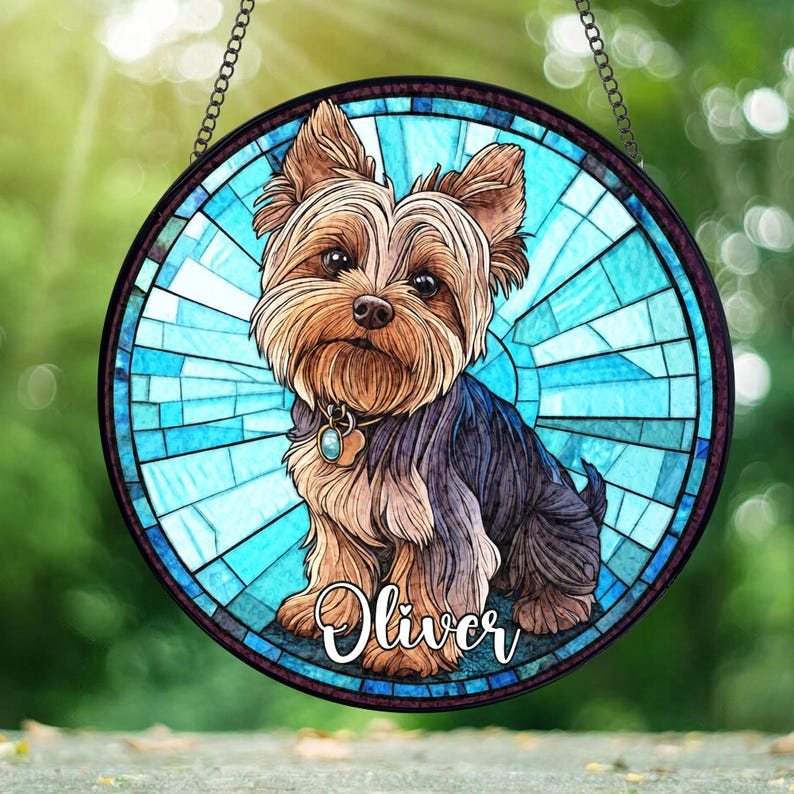 Custom Yorkie Portrait Stained Glass Suncatcher personalized portrait window decor