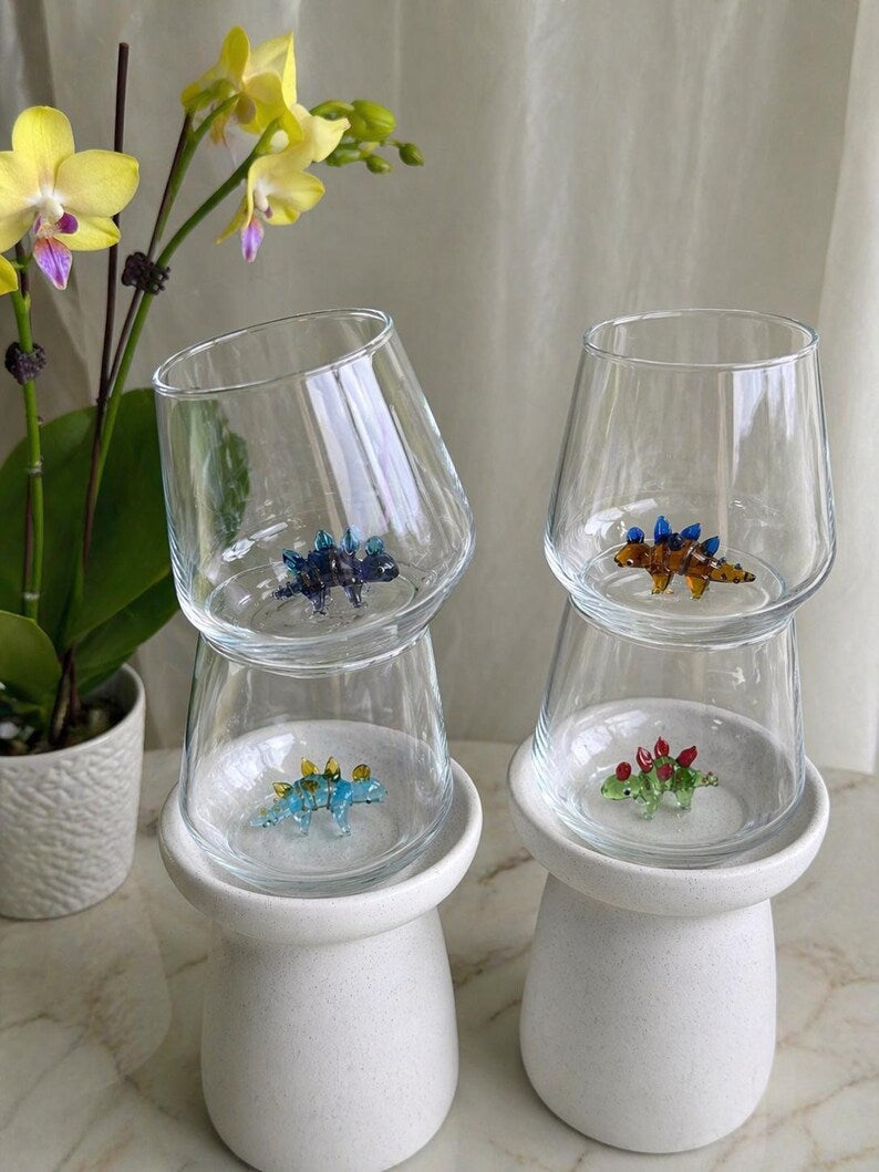 Handmade Murano-style dinosaur figurine glass cup in four colorful designs