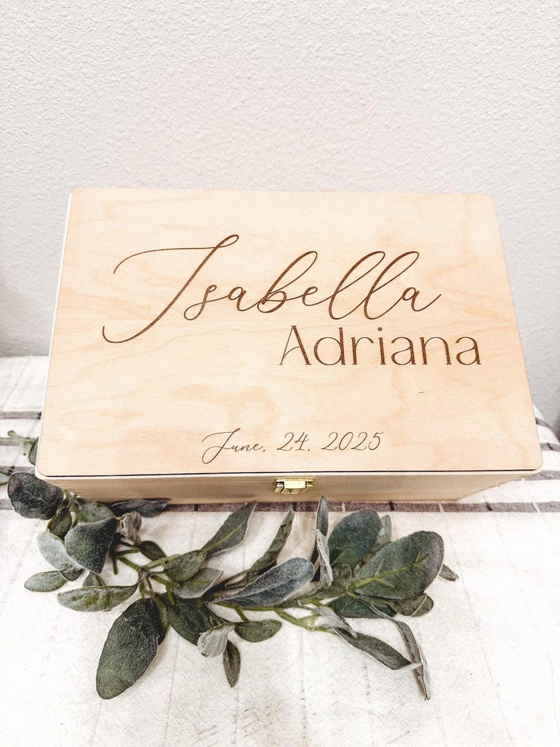 Large Personalized Baby Keepsake Box - Engraved Wooden Treasure Chest - image 1