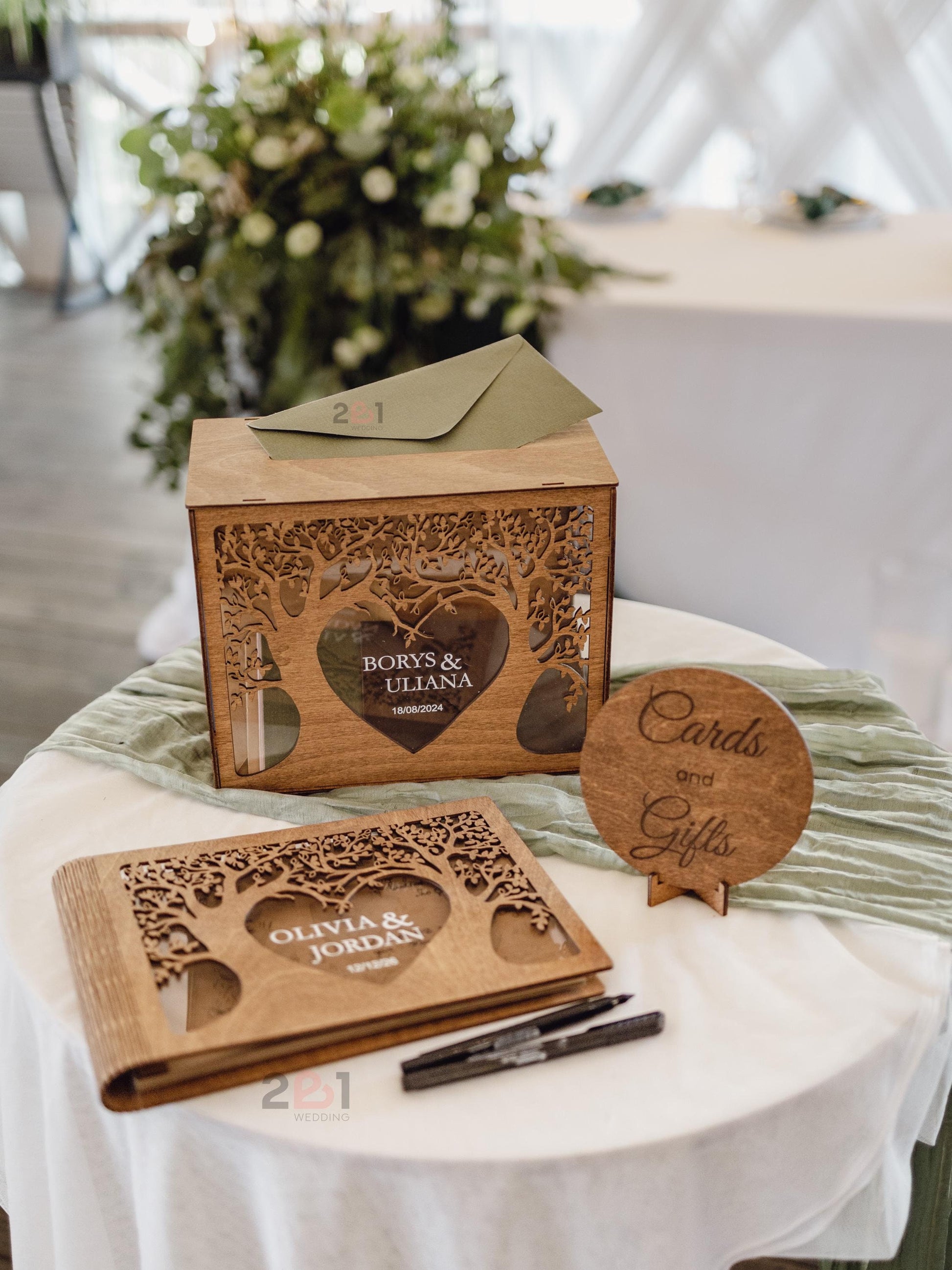 Personalized wooden wedding guest book and card box set
