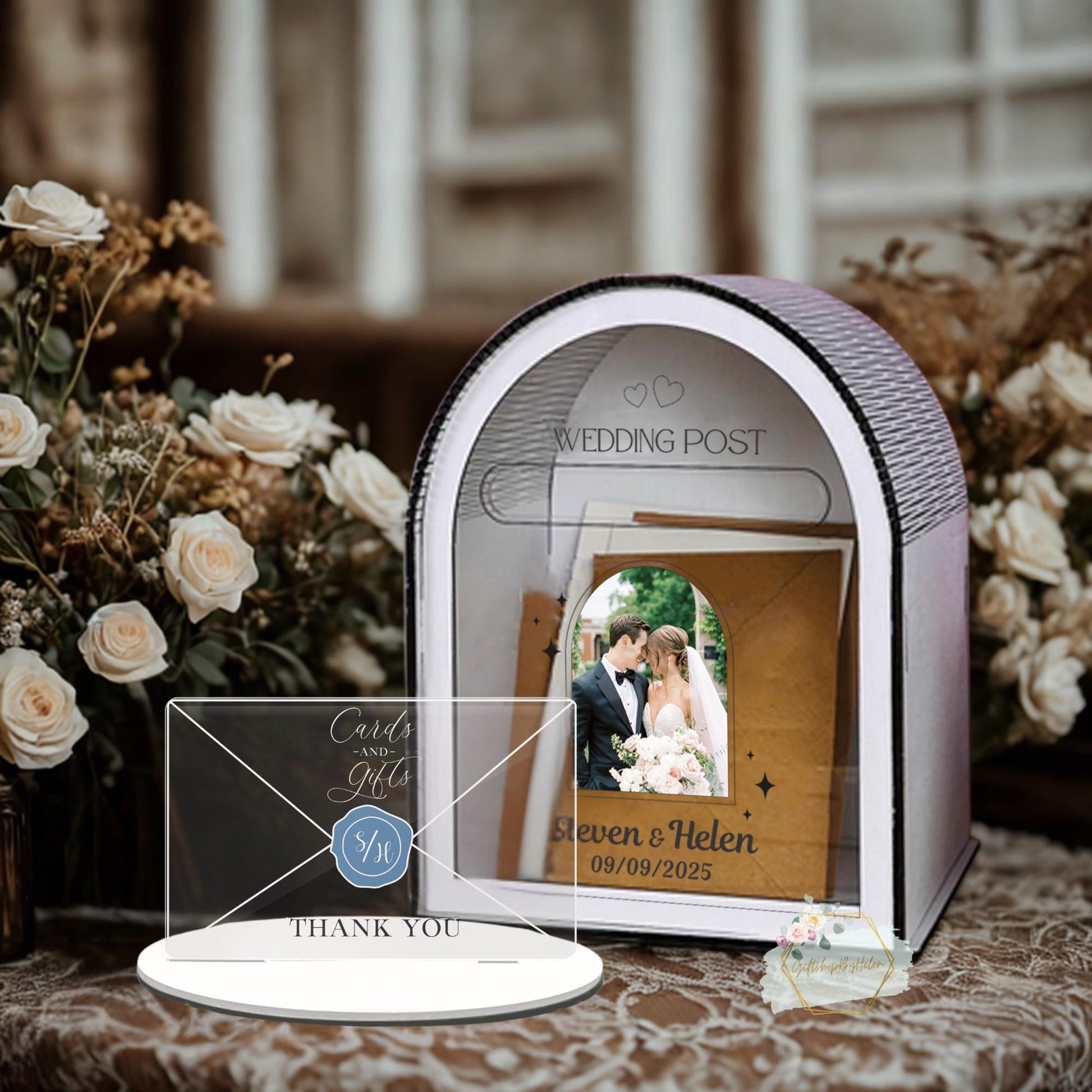 Wooden wedding post box with floral artwork
