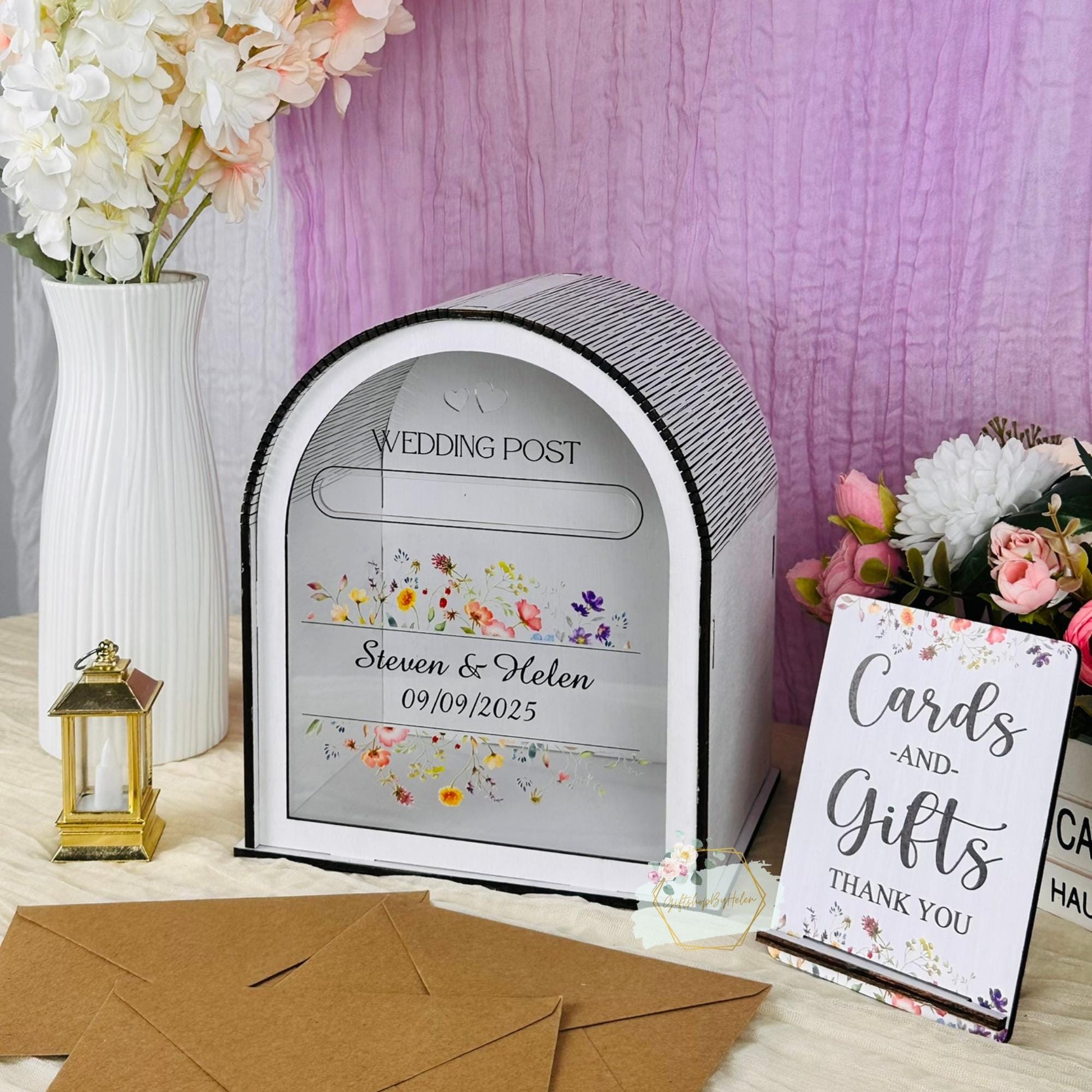 Personalized floral wedding card box with acrylic front