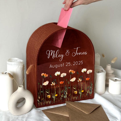 Personalized wildflower wedding card box with names and date