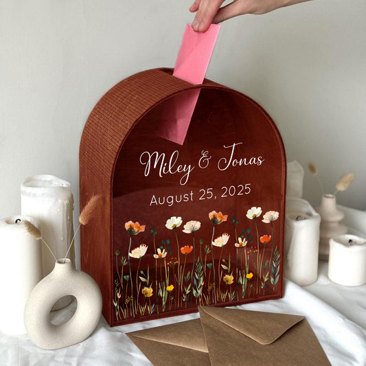 Personalized wildflower wedding card box with names and date