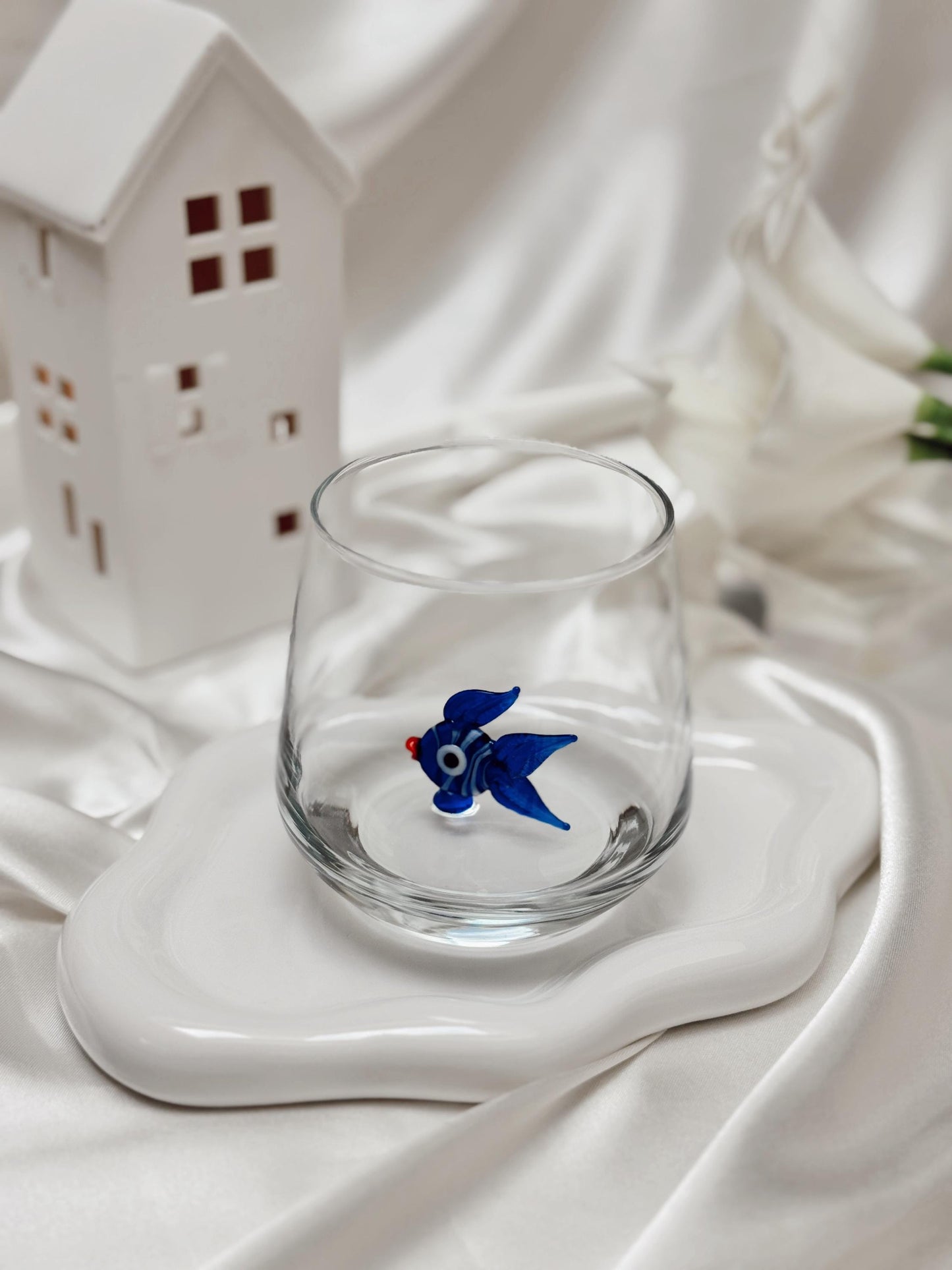 Red fish figurine stemless glass with artisan handmade detail