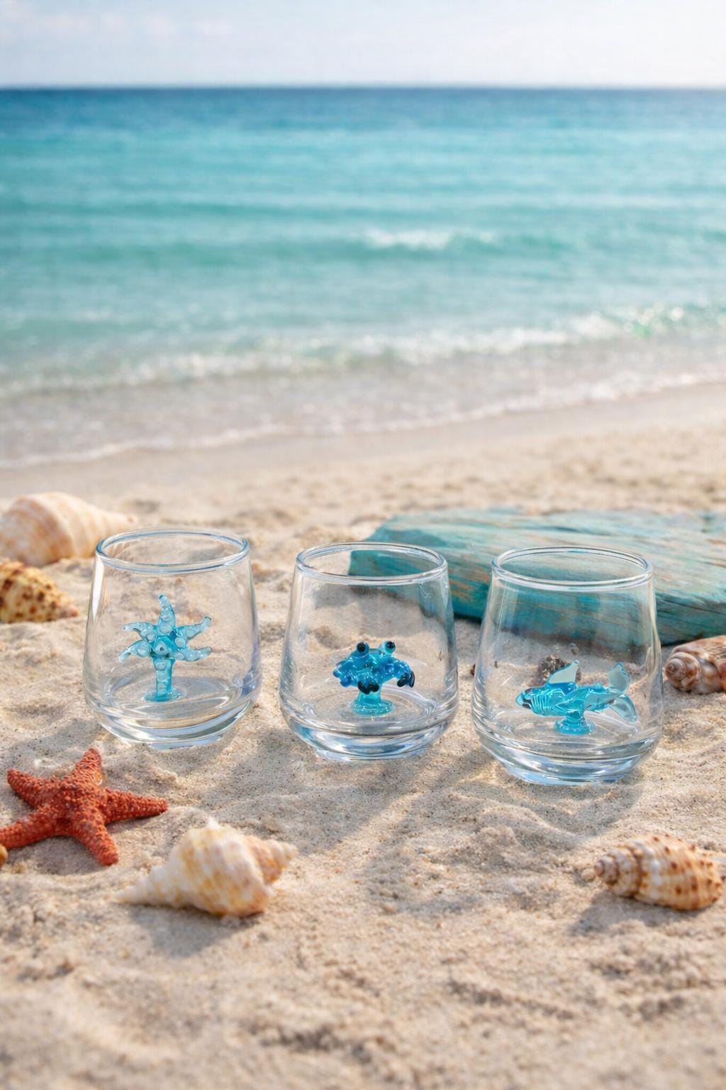 Clear shot glasses with colorful glass sea animal figurines inside