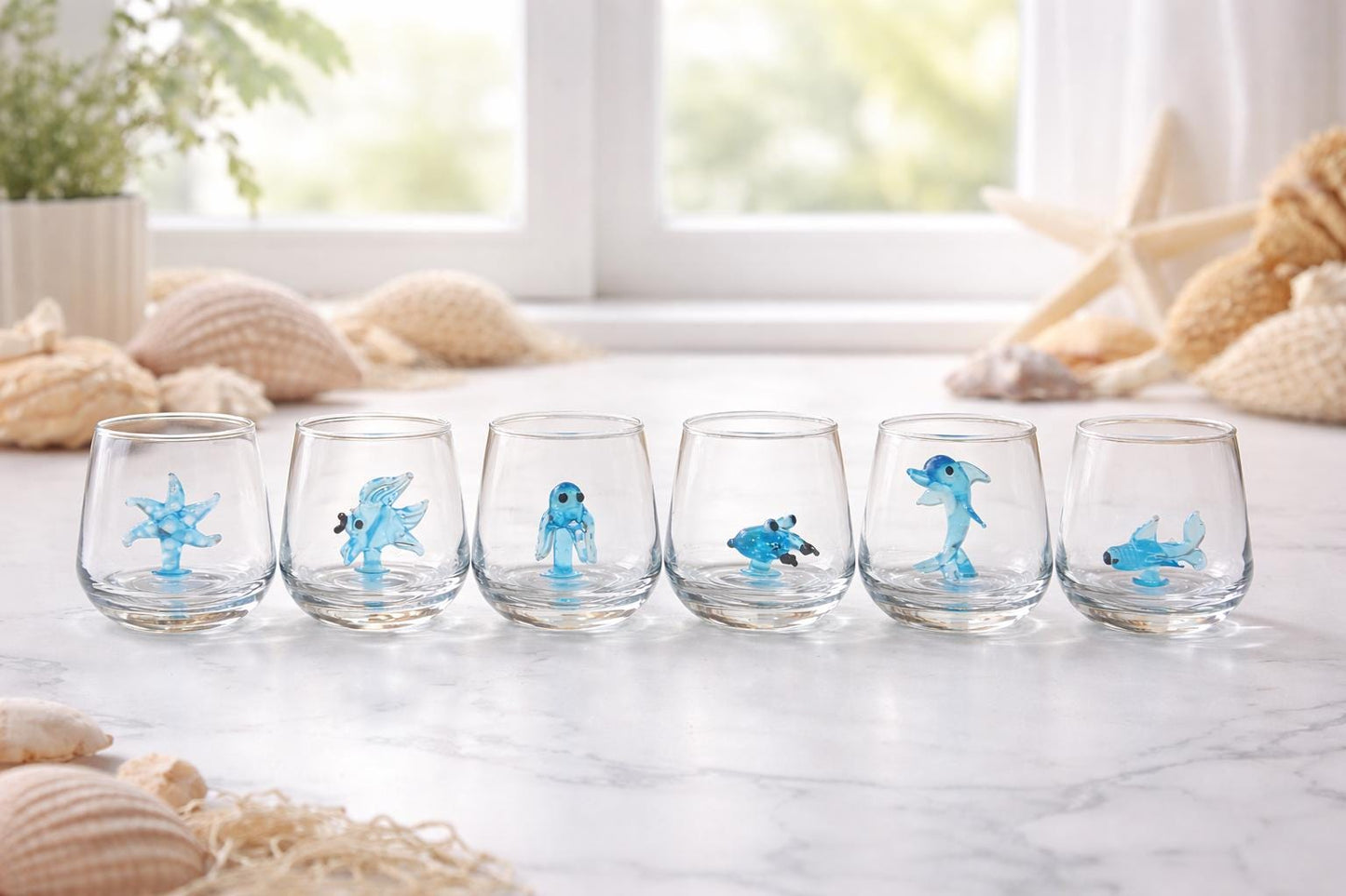 Sea animal shot glass collection for a coastal cocktail party