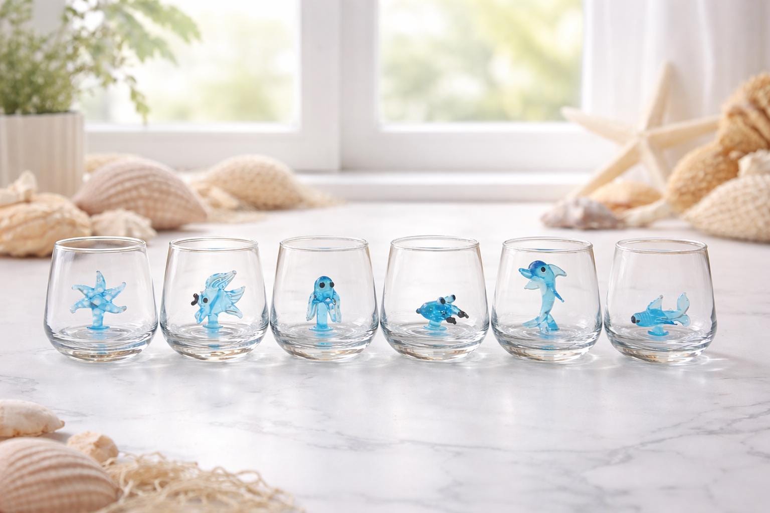 Sea animal shot glass collection for a coastal cocktail party