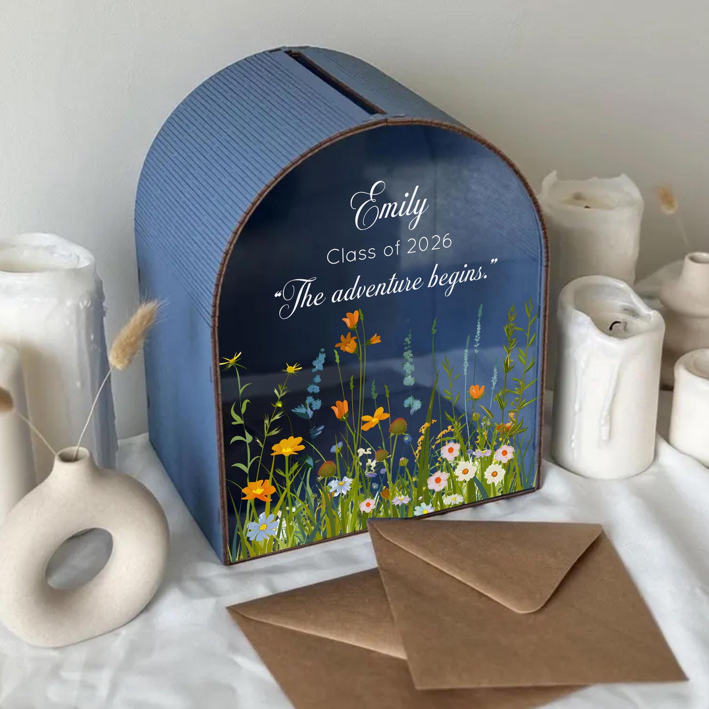 Wildflower graduation party decor and card holder