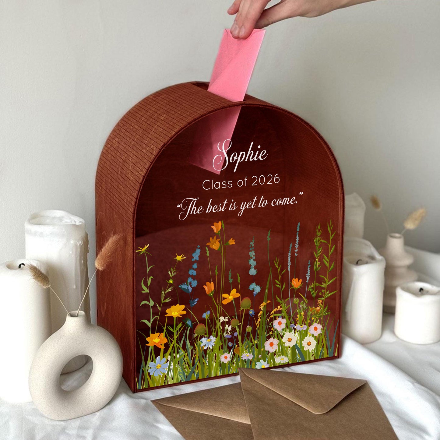 Personalized wooden graduation card box detail