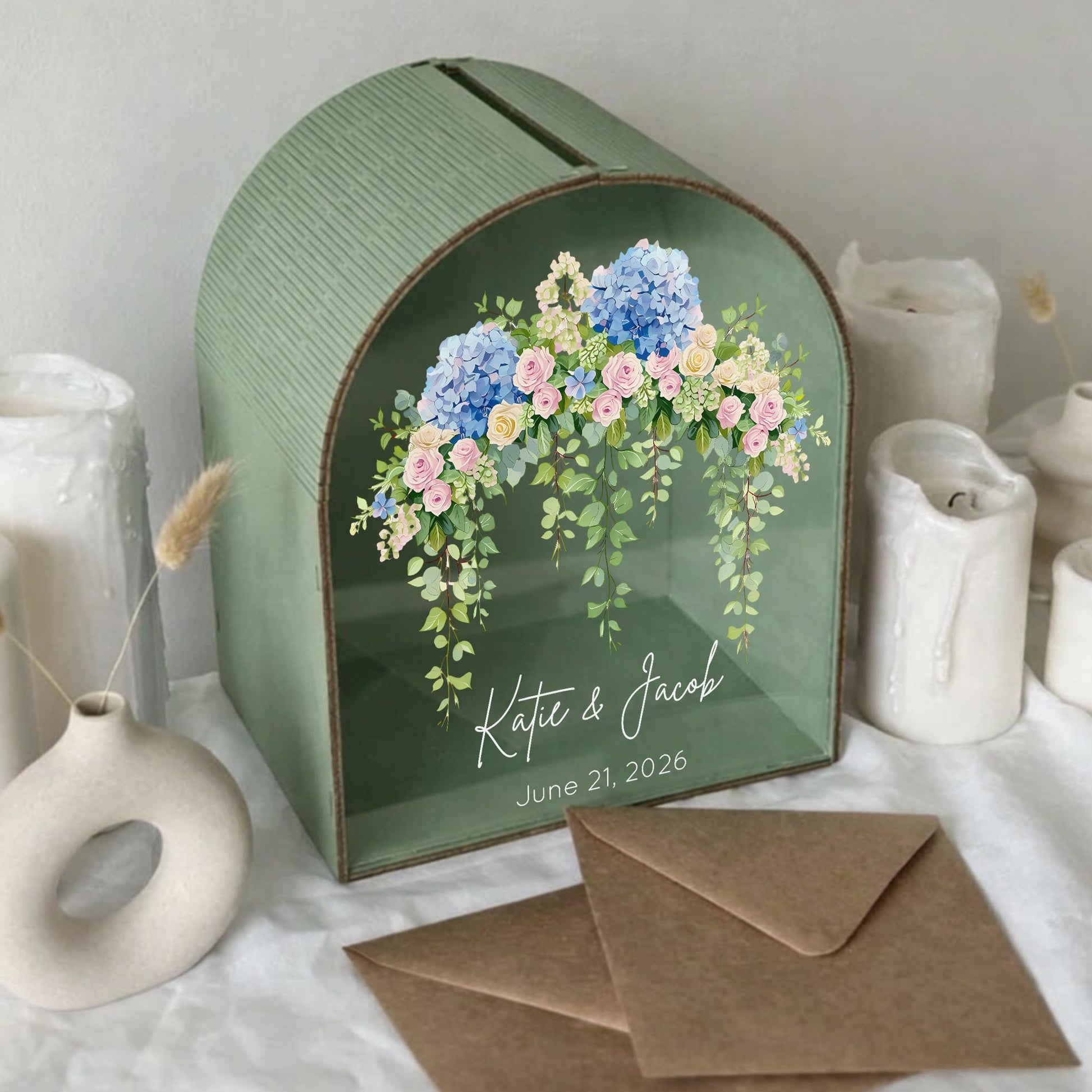Personalized hydrangea wedding card box with names