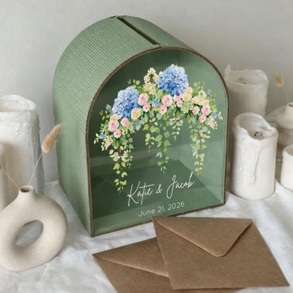 Personalized hydrangea wedding card box with names