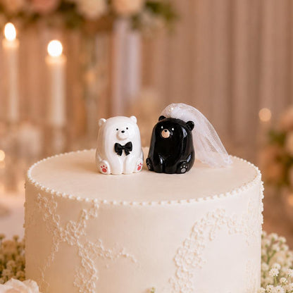Handmade ceramic bear wedding cake topper bride and groom figurines - view 3