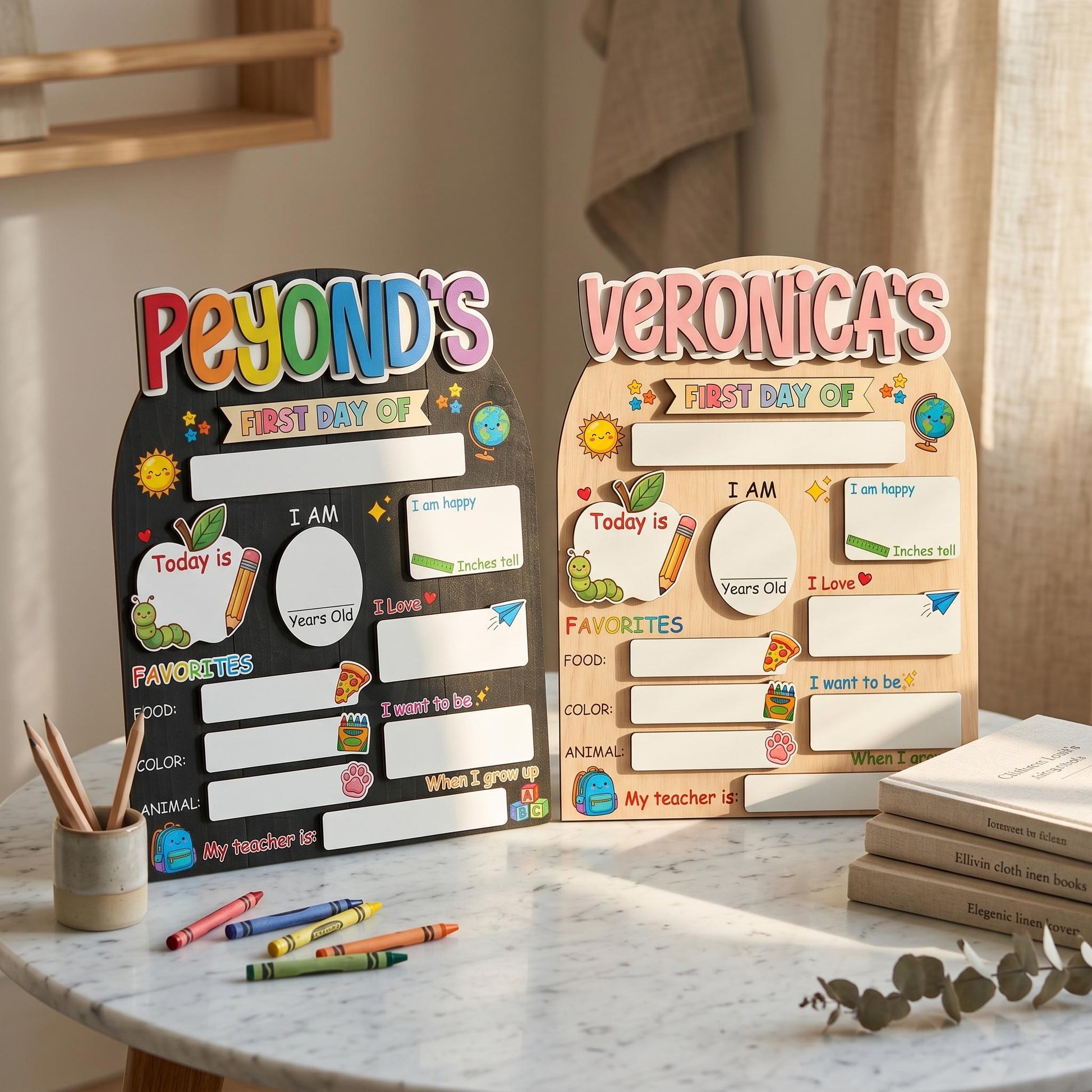 Custom child name detail on reusable back to school sign