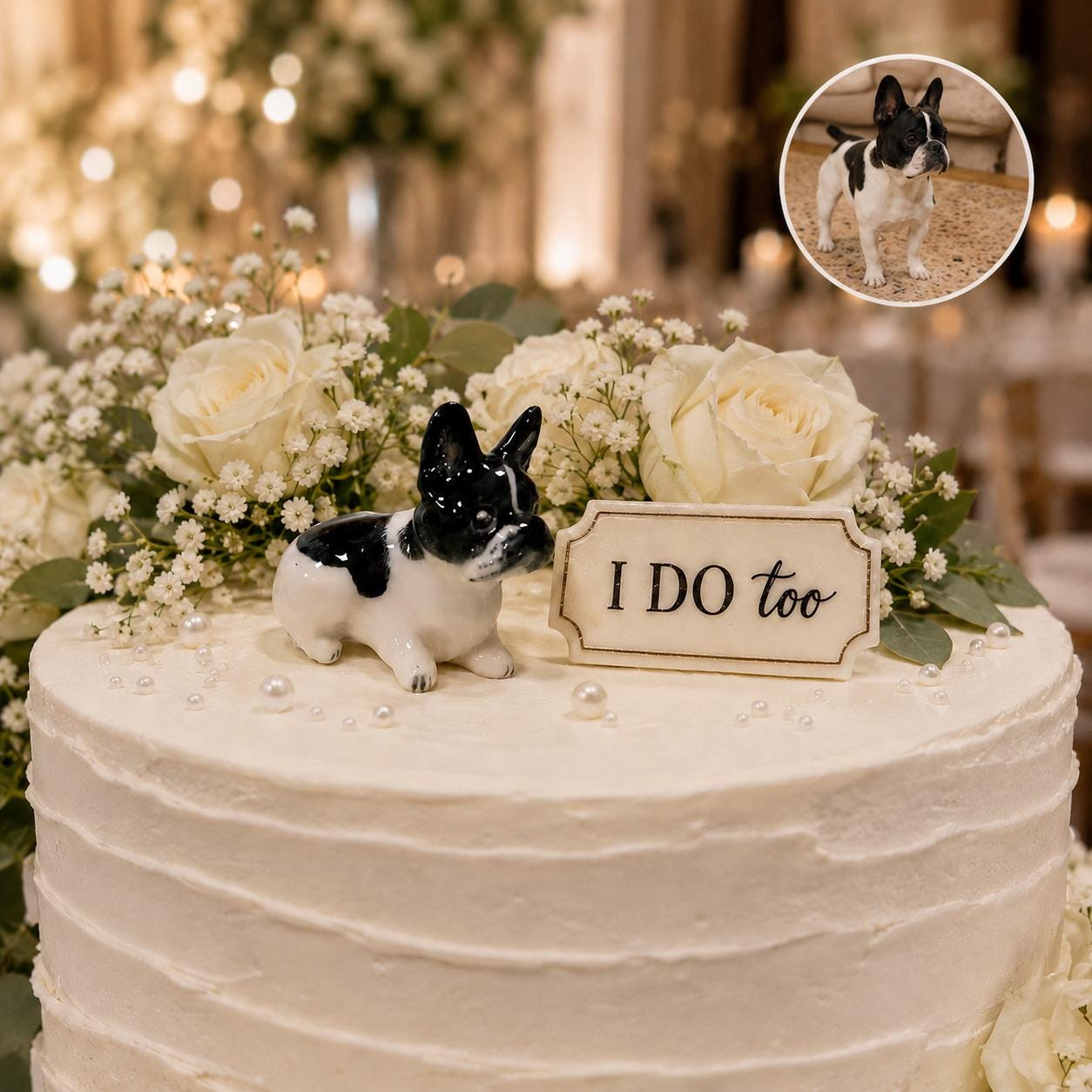 Custom ceramic pet wedding cake topper made from a dog photo with I DO too sign