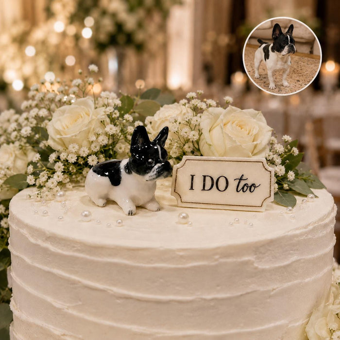 Custom ceramic pet wedding cake topper made from a dog photo with I DO too sign