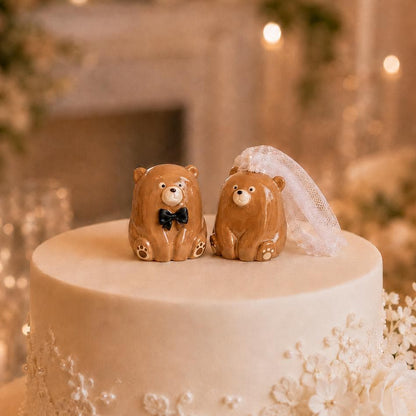 Handmade ceramic bear wedding cake topper bride and groom figurines - view 1