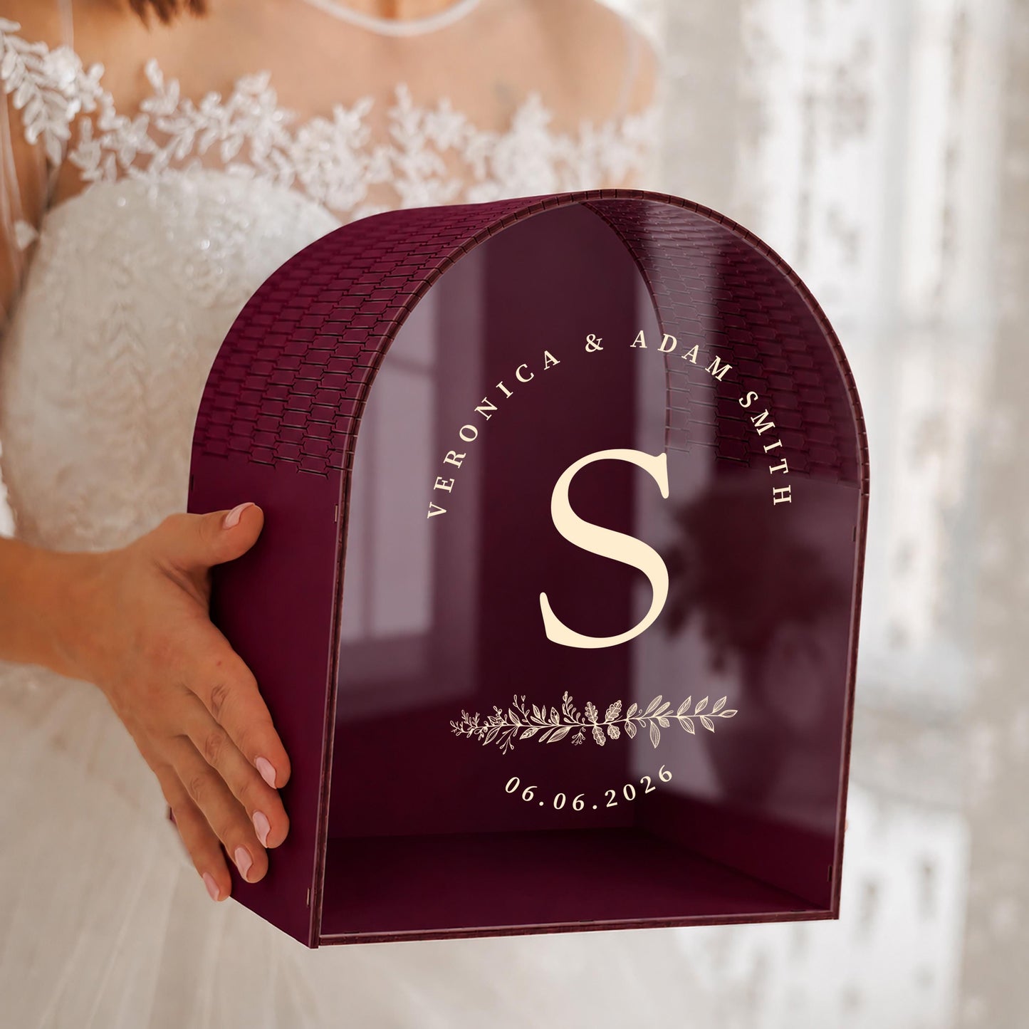 Personalized burgundy wedding card box with monogram