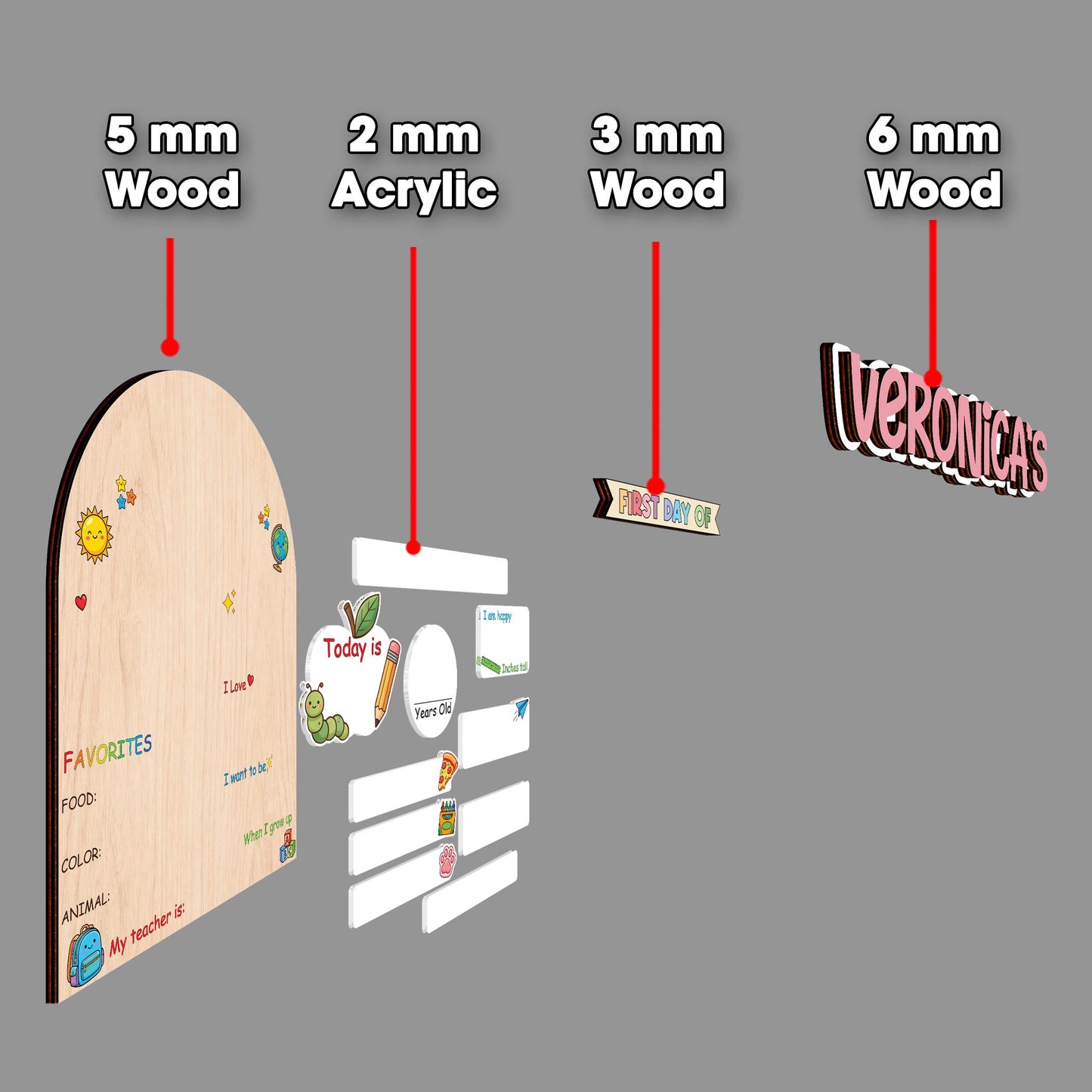 Personalized school sign set with wooden frame and display stand
