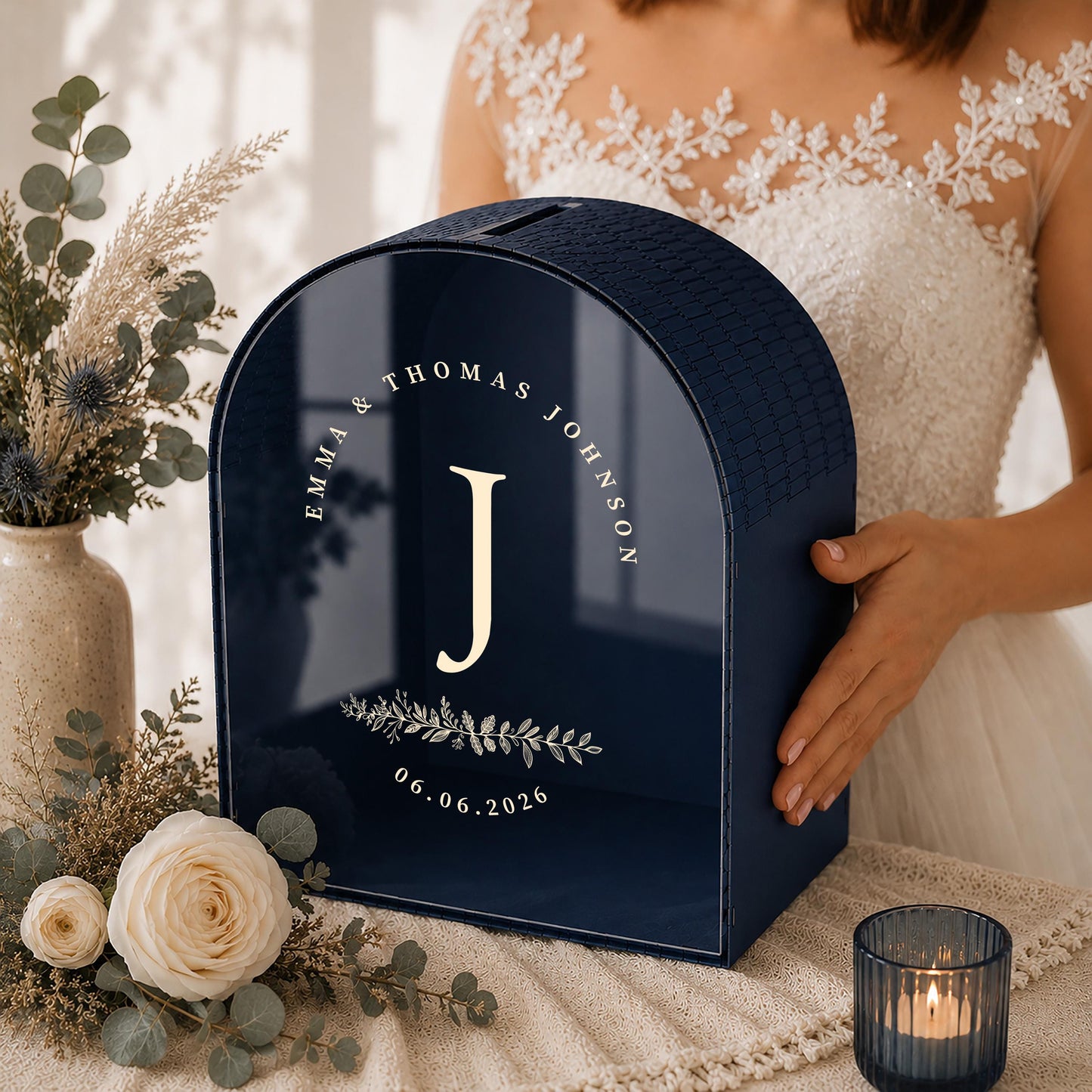 Dark red arched wedding card box with slot