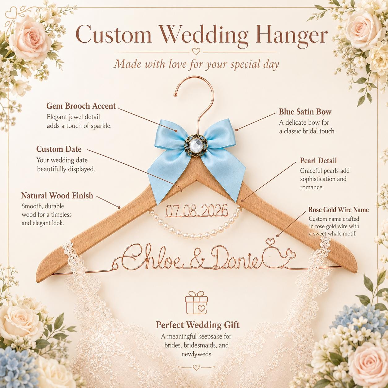 Personalized Bridal Hanger with Wire Name - BOYOGO personalized gift