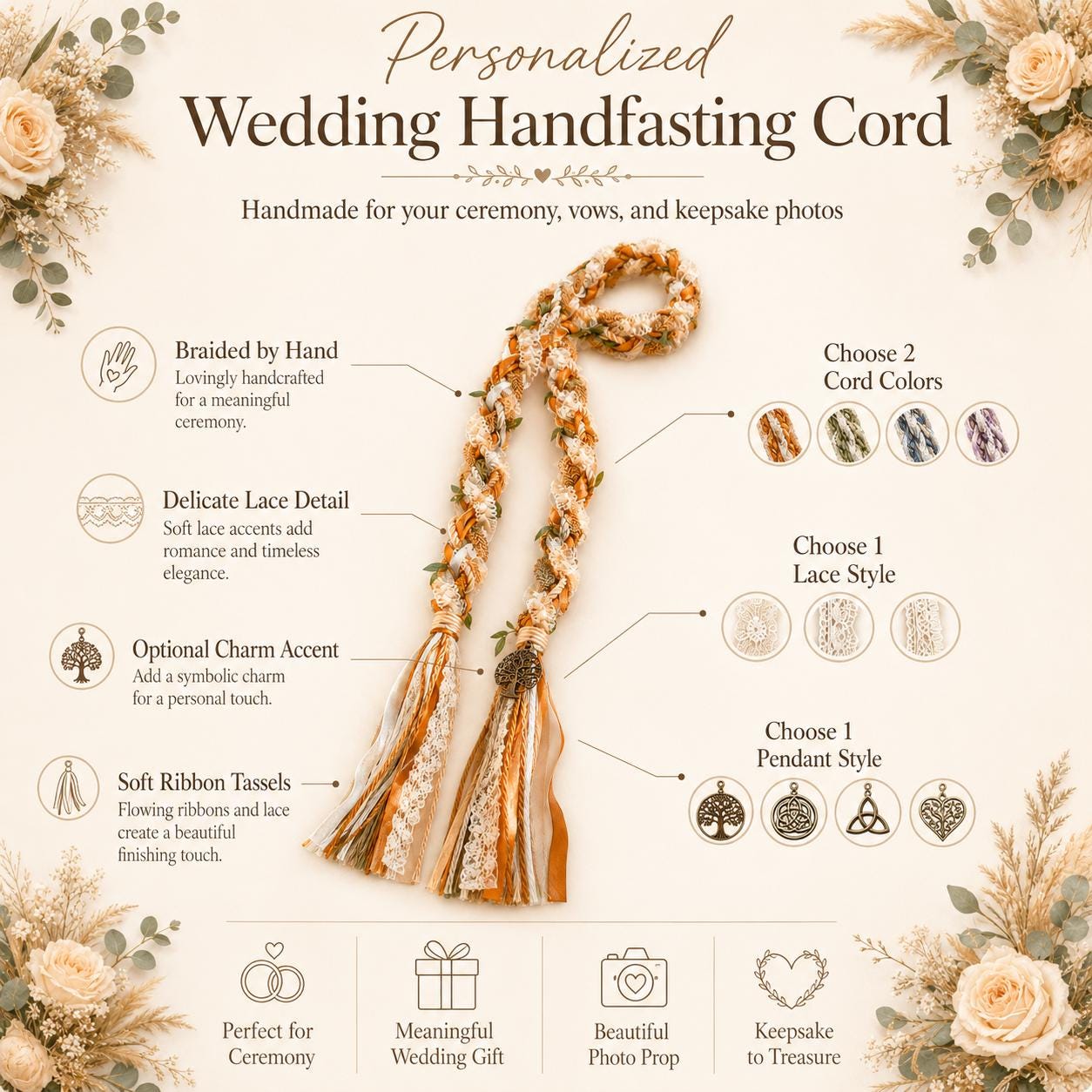 Personalized Woven Handfasting Cord, Celtic Wedding Unity Rope, Tie The Knot Ceremony Keepsake