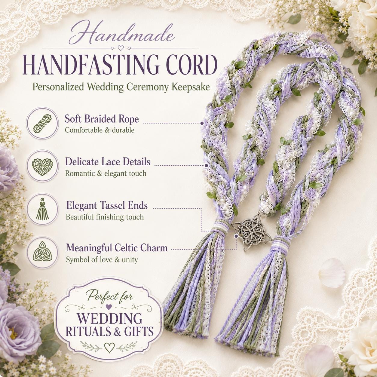Personalized Woven Handfasting Cord, Celtic Wedding Unity Rope, Tie The Knot Ceremony Keepsake