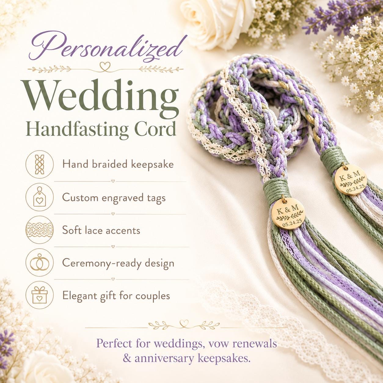 Personalized Woven Handfasting Cord, Celtic Wedding Unity Rope, Tie The Knot Ceremony Keepsake
