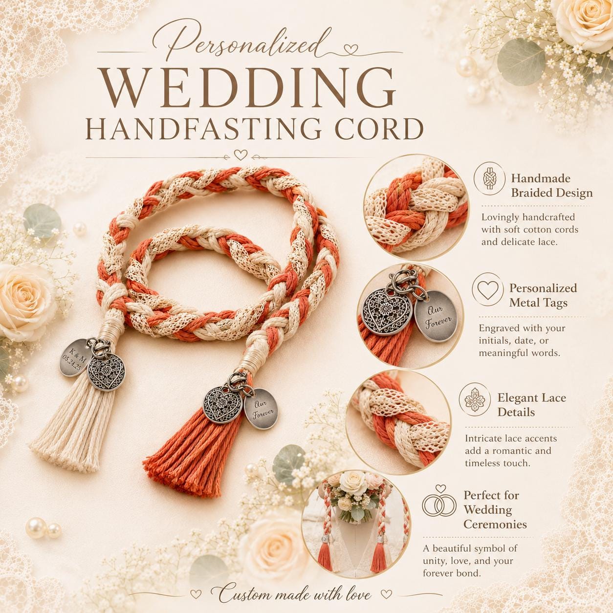 Personalized Woven Handfasting Cord, Celtic Wedding Unity Rope, Tie The Knot Ceremony Keepsake