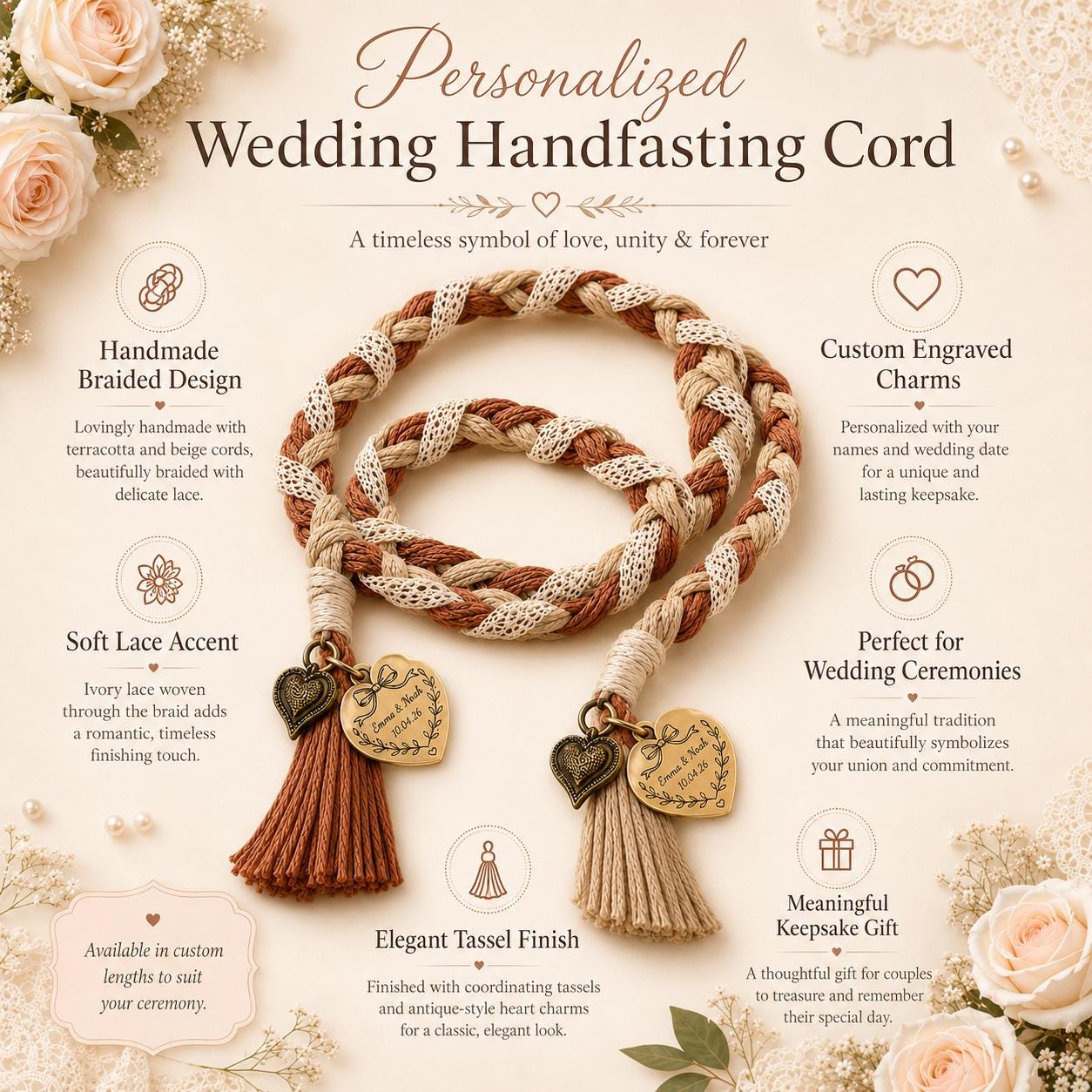 Personalized Woven Handfasting Cord, Celtic Wedding Unity Rope, Tie The Knot Ceremony Keepsake