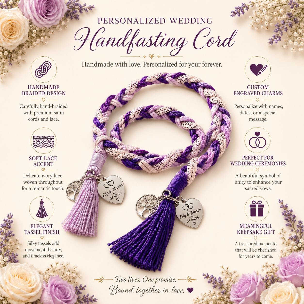 Personalized Woven Handfasting Cord, Celtic Wedding Unity Rope, Tie The Knot Ceremony Keepsake
