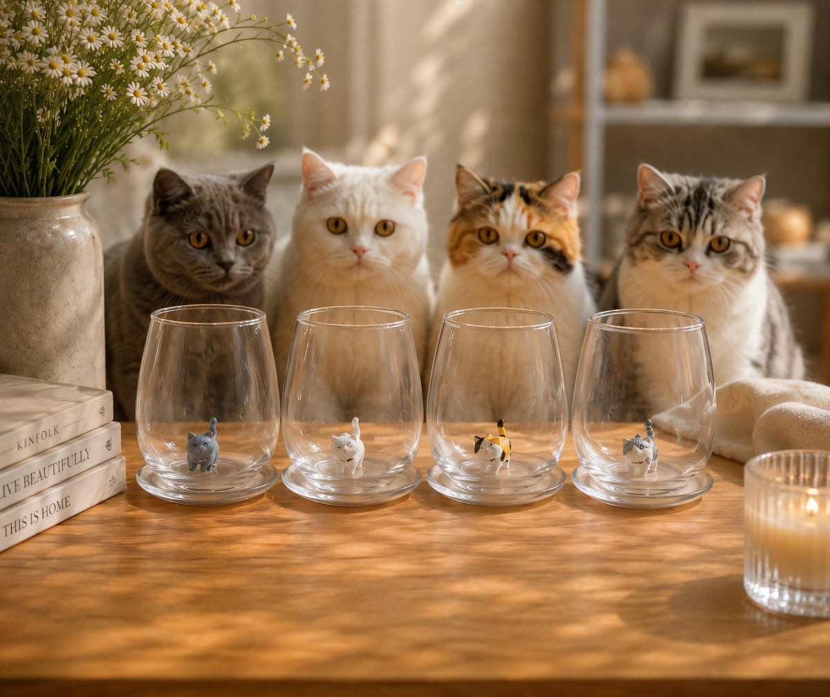 Stemless wine glasses with hand-formed cat figurines in four cat styles