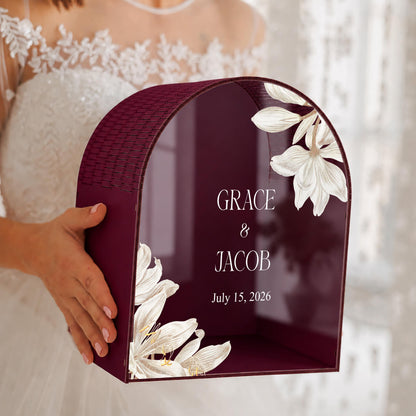Arched sage green wedding card box with flowers